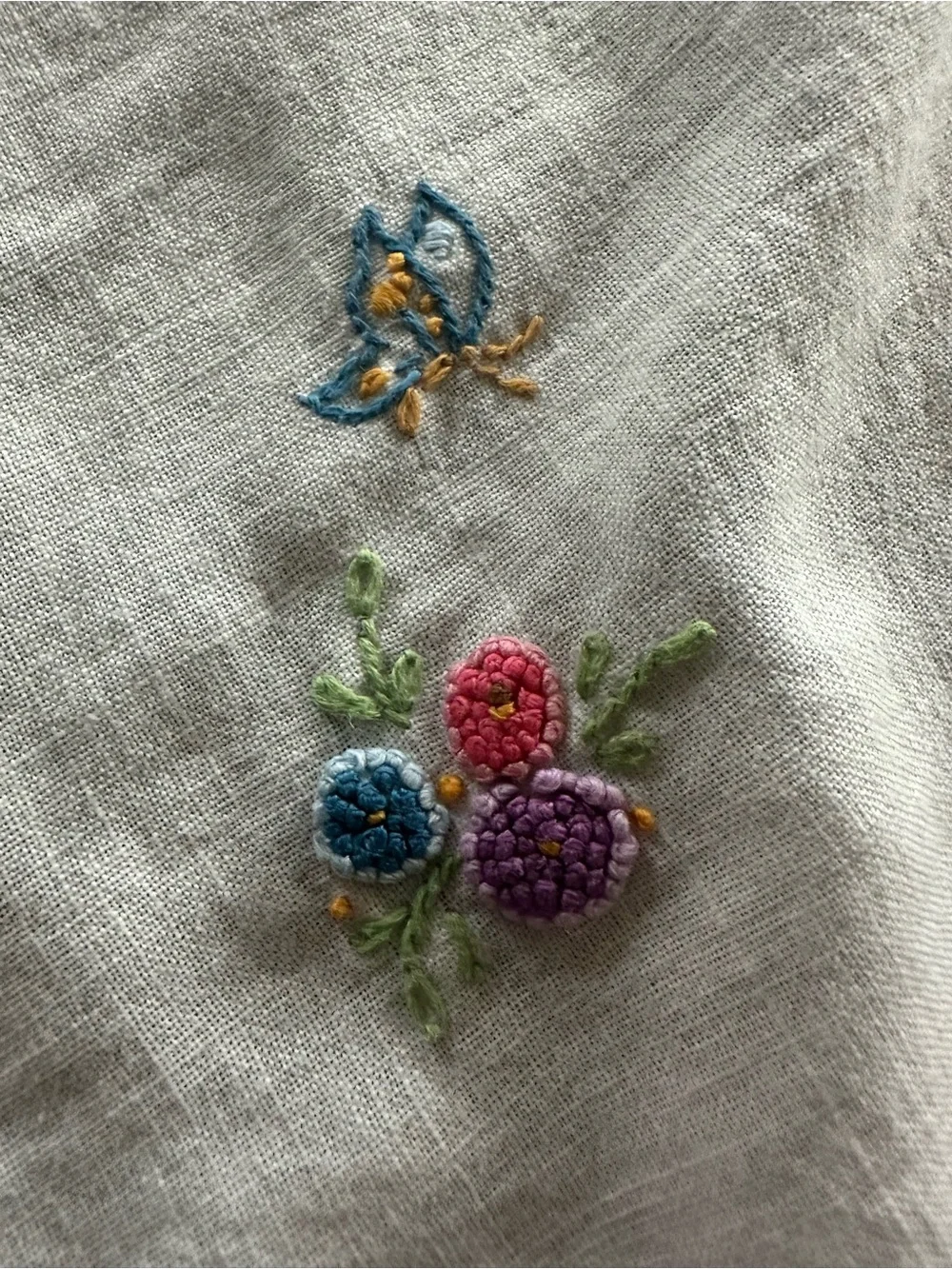 Vintage Hand Embroidered Bread Basket Liner Floral Butterfly Crochet Edge